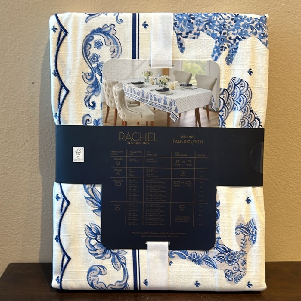 Rachel Roy Tablecloth Chinoiserie Bunny Allover Blue White Scalloped 60”x84”